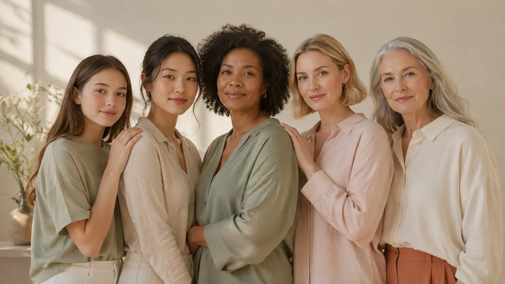 Cinco mulheres de idades diferentes lado a lado