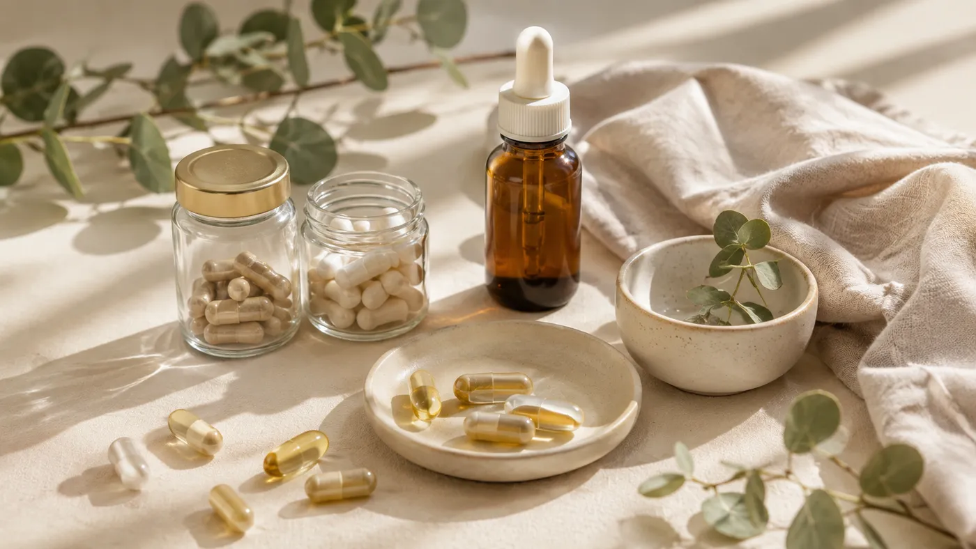 Cápsulas de suplementos e frasco conta-gotas sobre a mesa
