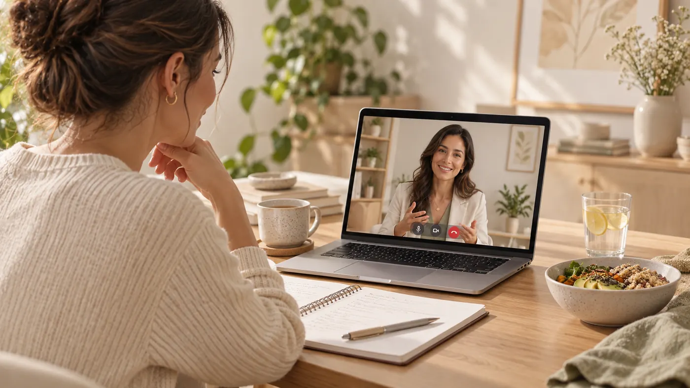 Nutricionista assistindo a uma aula ao vivo no notebook