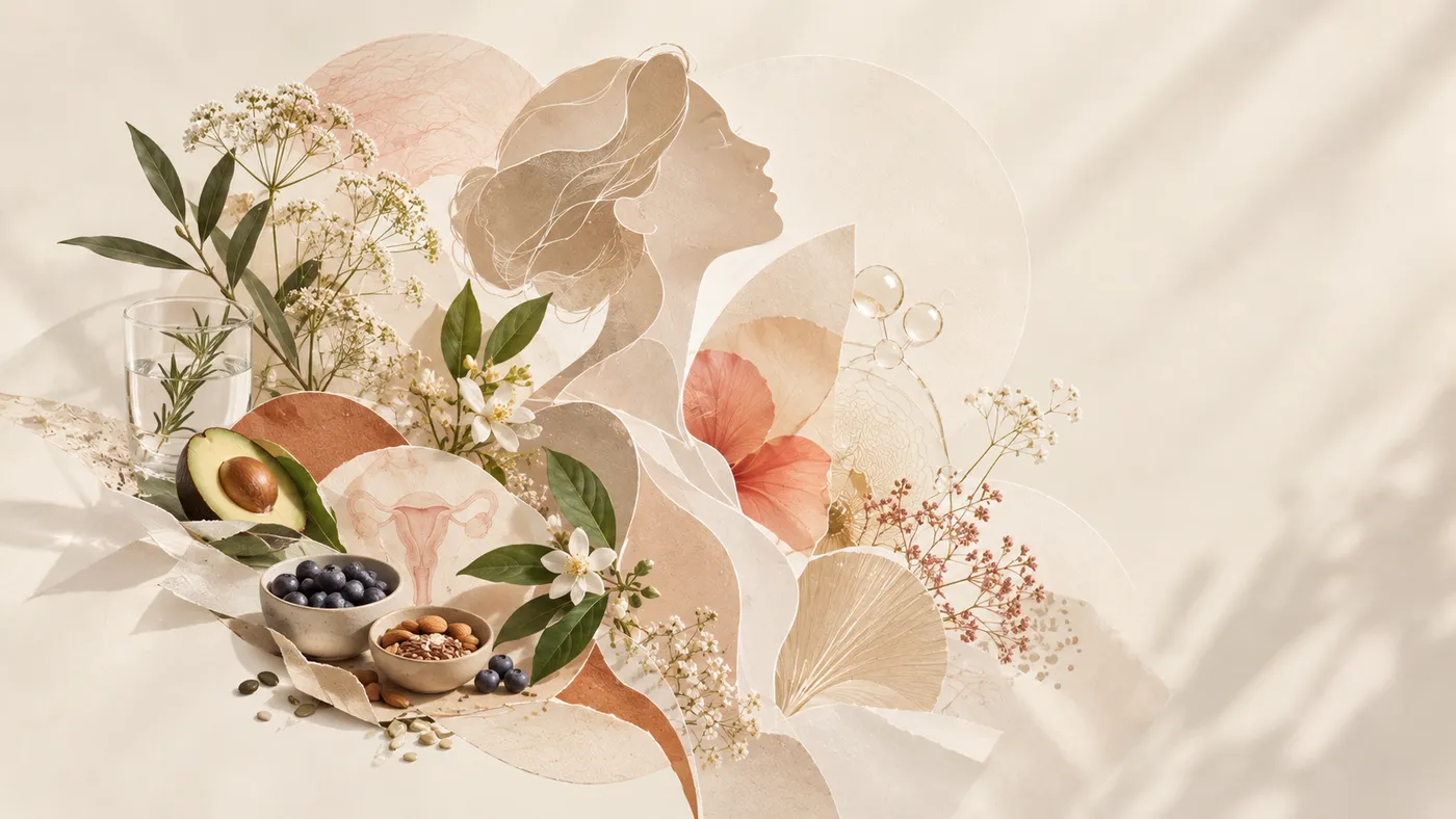 Colagem floral com perfil feminino e alimentos