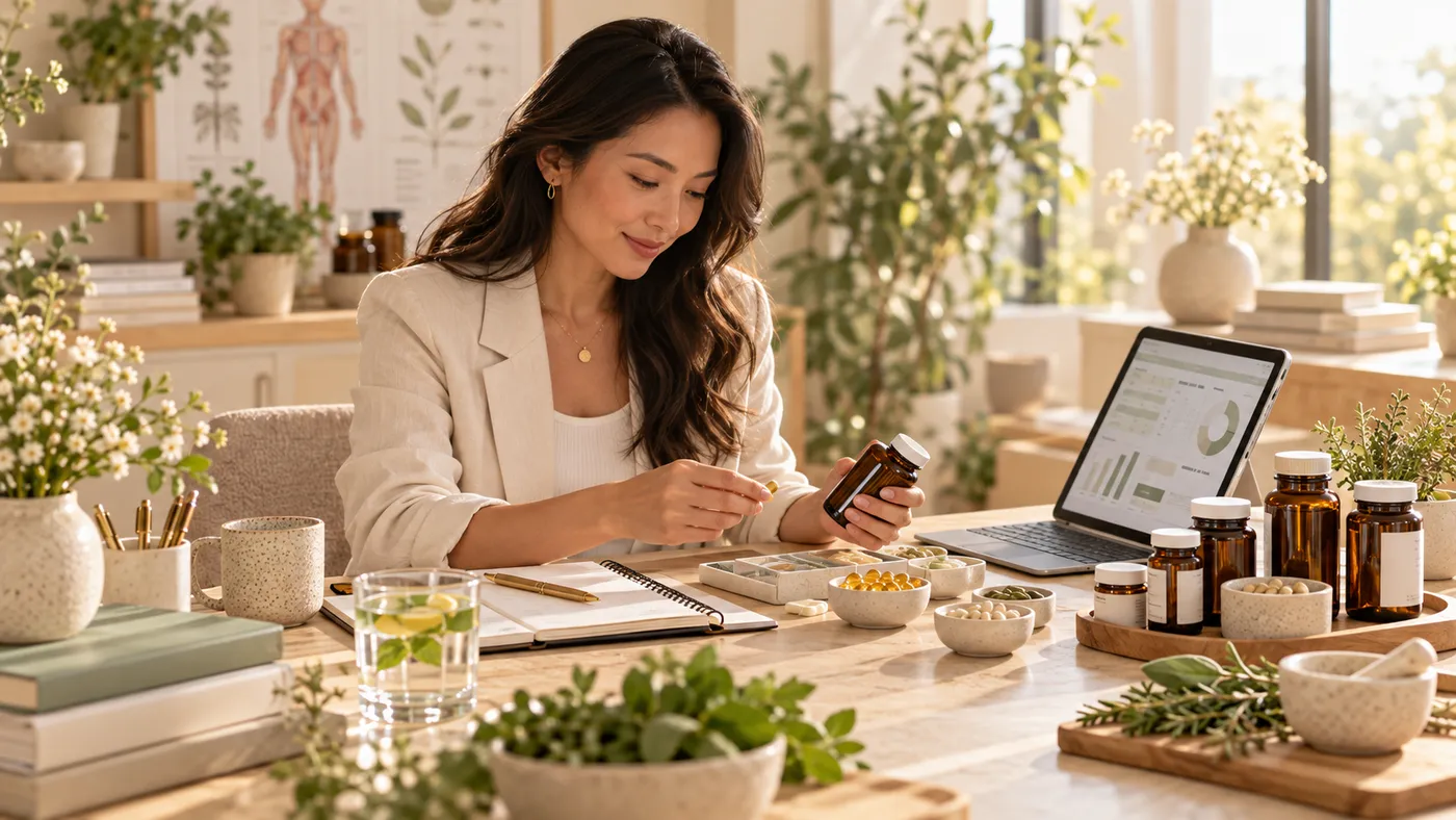 Nutricionista organizando suplementos na mesa do consultório