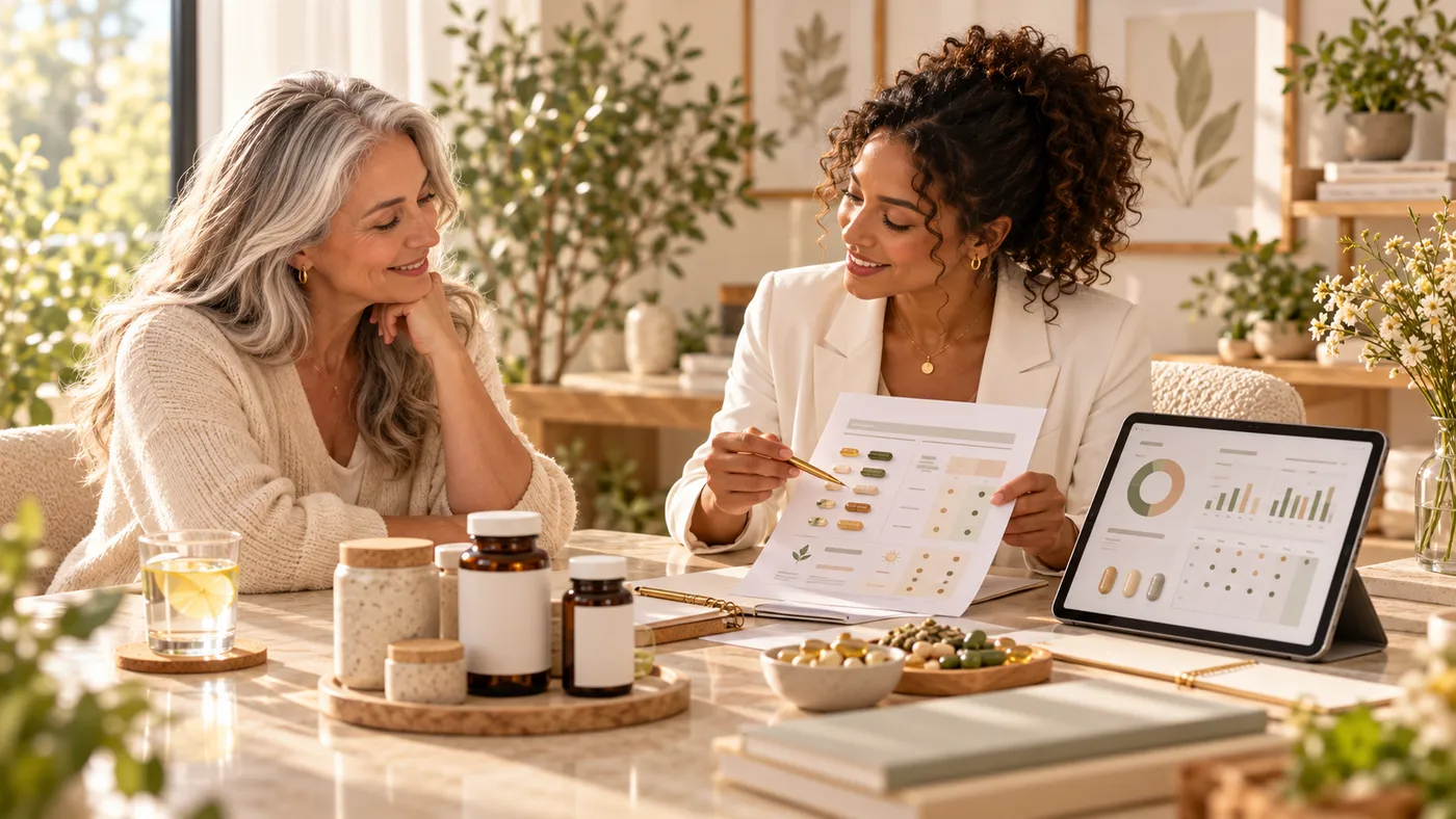 Nutricionista mostrando gráficos no tablet para a paciente durante a consulta