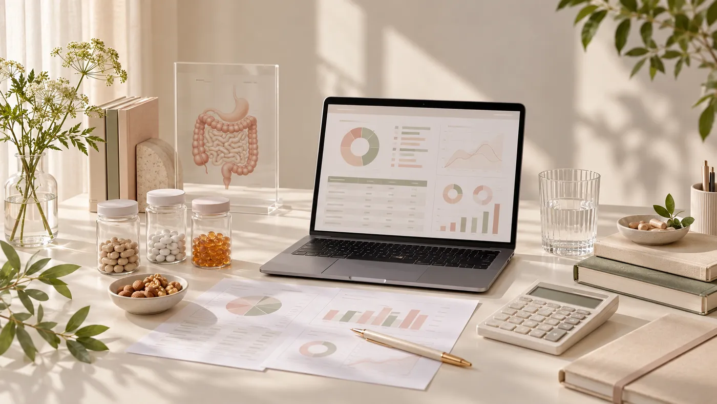 Notebook com gráficos, suplementos e placa com ilustração do intestino